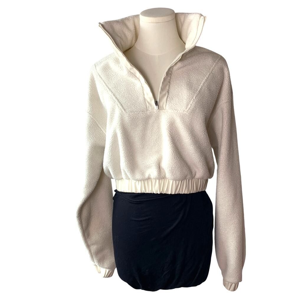 Mono B White Cropped Fleece 1/4 Zip Pullover Size L Minimalist
